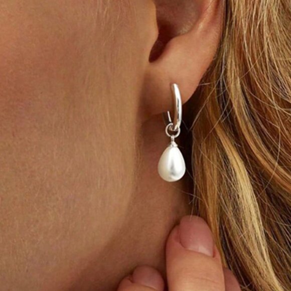 3/$35 Silver Tone Huggie Hoop Earrings with Teardrop Pearl Drop Dangle Charm - Picture 5 of 5